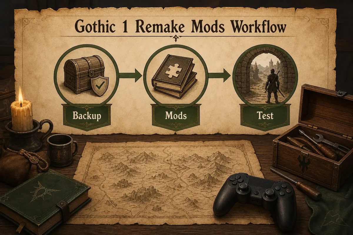 Editorial workflow graphic showing backup, mods and test steps for Gothic 1 Remake mod safety