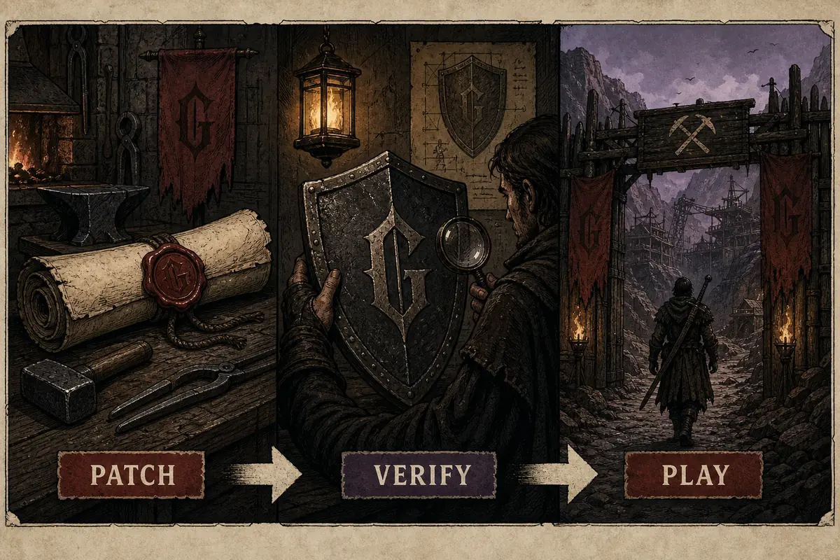 Editorial dark-fantasy flow showing the sequence patch, verify and play before returning to Gothic 1 Remake