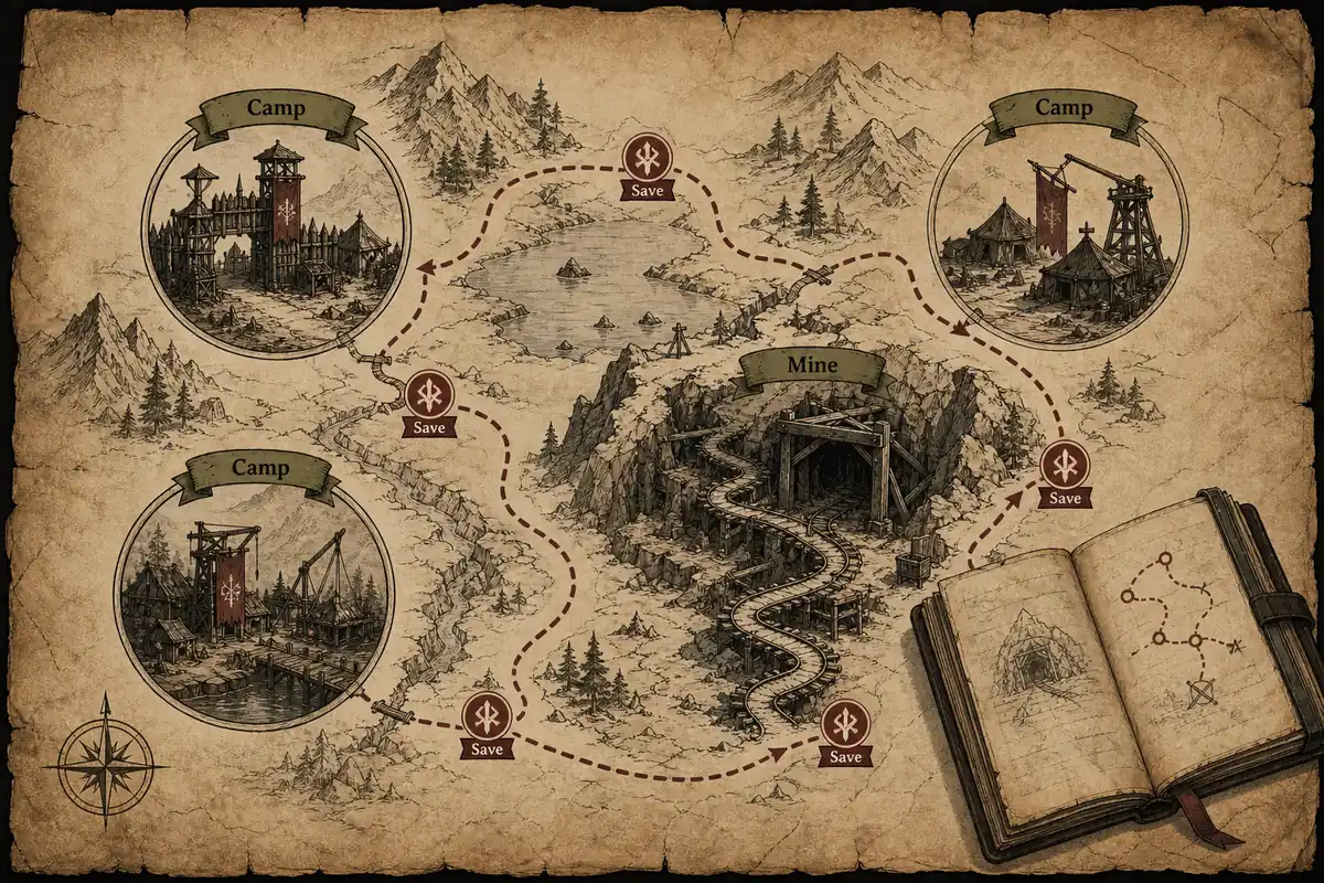 Illustrative Gothic 1 Remake walkthrough route map with camps, mine path and save markers